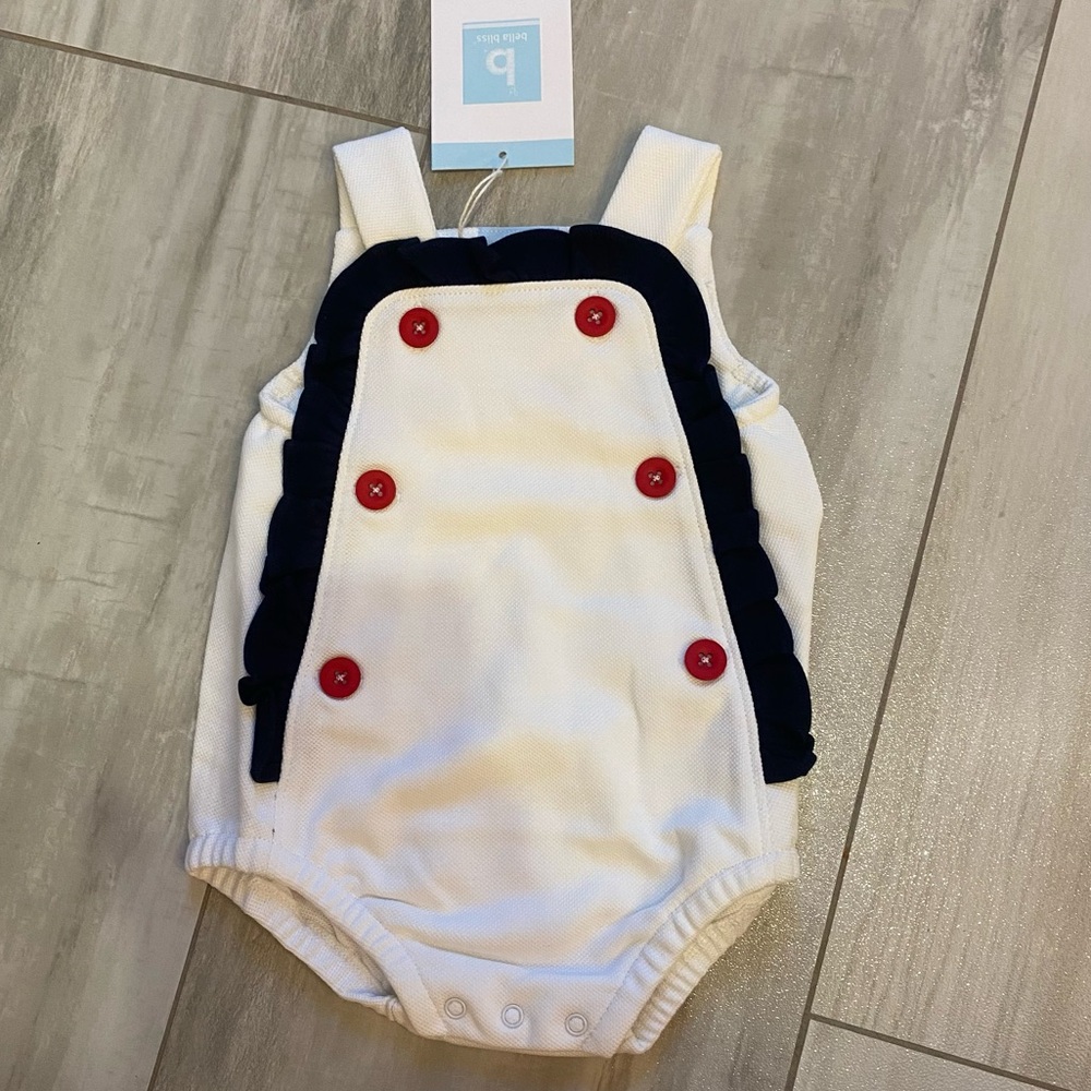 NWT Bella Bliss White Pique Navy Ruffle Red Button Baird Bubble Romper, Girls 3M